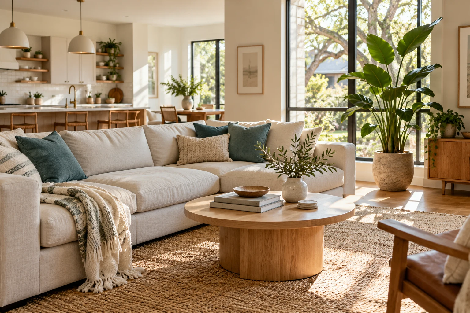A sunlit living room with a cream sofa, teal cushions, and green plants